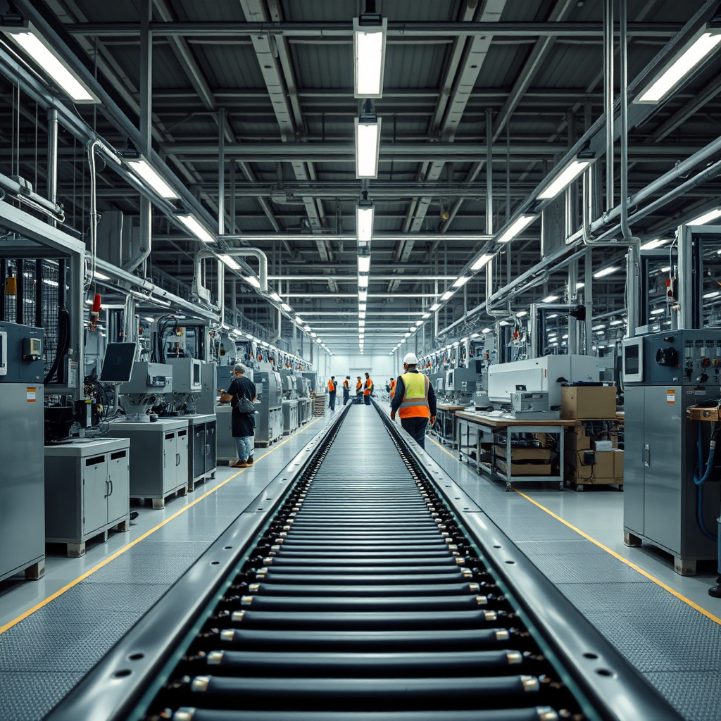 Modern factory floor with organized production line