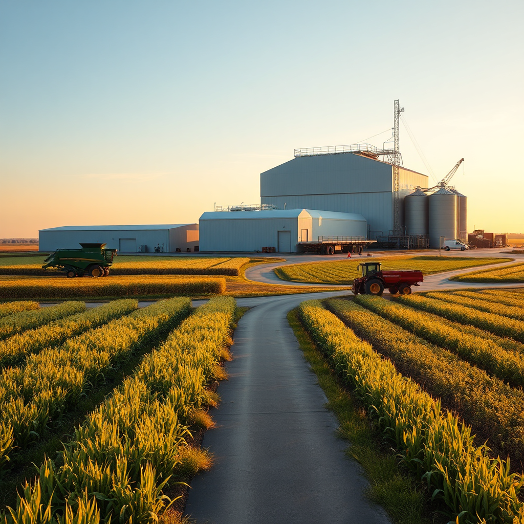 Agricultural field with modern storage facility